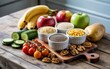 © BORN - A vibrant assortment of healthy ingredients including brown rice, quinoa, chia seeds, fresh fruits, and nuts arranged on a rustic wooden table