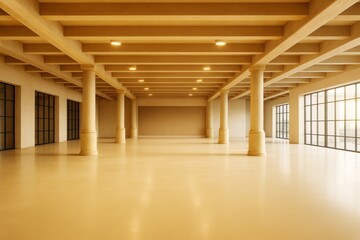 Wall Mural - modern empty interior hall with natural light, columns, and large windows in warm tones for branding