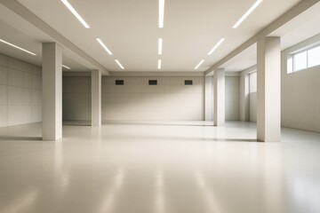 Wall Mural - modern empty interior space with concrete walls, large pillars, and bright ceiling lights in minimal
