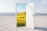 Surreal open white door standing on cracked dry land revealing lush green hills and blue sky beyond, symbolizing hope, change, and new beginnings. Surreal open white door standing on cracked dry land revealing lush green hills and blue sky beyond, symbolizing hope, change, and new beginnings.
