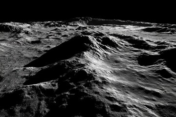 rocky, cratered lunar surface under deep black sky, showcasing rugged terrain and shadows on the moo