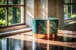 © Shefa - A green marble cylinder with a copper base stands on a marble table near a window