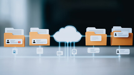Wall Mural - cloud data connectivity: digitized file folders linked to a cloud storage symbol, highlighting netwo