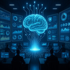 AI generated high tech command center showing human operators and glowing digital brain surrounded by dashboards symbolizing real time data analysis intelligent decision making in futuristic business