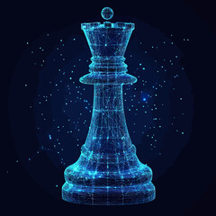 Wall Mural - 3d wireframe blue king chess piece polygonal digital art with glowing dots futuristic technology bac