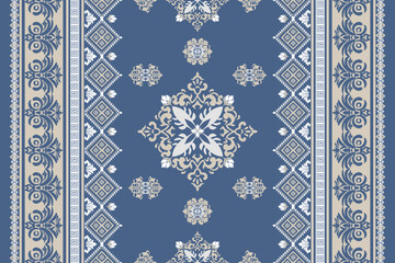 Naklejka na meble Seamless white and yellow floral damask shape with geometric ethnic tradition pattern texture on natural pastel blue and white background