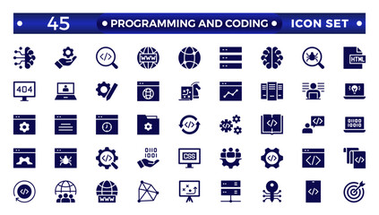 Programming coding set of web icons in solid style. Software development icons for web and mobile apps. Code, api, programmer, developer, information technology, coder, solid icon collection.
