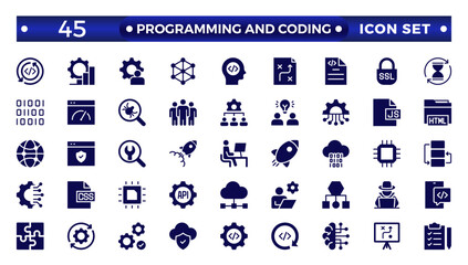 Programming coding set of web icons in solid style. Software development icons for web and mobile apps. Code, api, programmer, developer, information technology, coder, solid icon collection.
