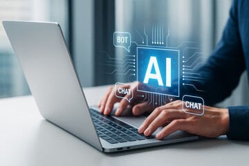 Wall Mural - person typing on laptop with digital ai chatbot interface glowing on screen, symbolizing artificial 