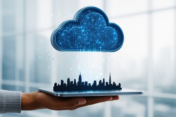Wall Mural - cloud computing concept over digital city model on tablet with glowing data streams and futuristic t