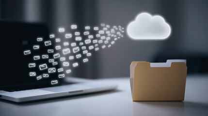 Wall Mural - cloud data transfer: visualization of files transferring from laptop into a cloud-shaped storage spa