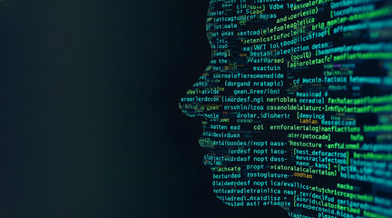 human face silhouette with digital code pattern, futuristic technology concept, glowing blue and gre