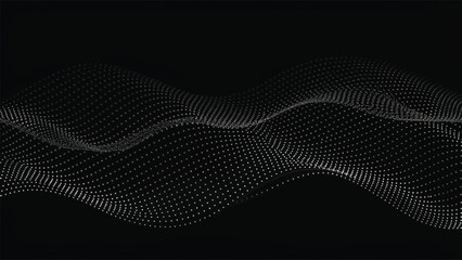 Abstract black and white background with a dynamic wave pattern of halftone dots and curved lines, perfect for modern digital and business designs