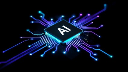 ai cpu chip with glowing circuit paths, artificial intelligence computer core visualized, futuristic