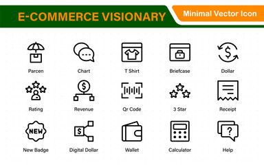 Wall Mural - E-Commerce web icon collection in line design. Online store, digital marketing, product review, shopping bag, discounts, order tracking, mobile checkout. Vector illustrations.