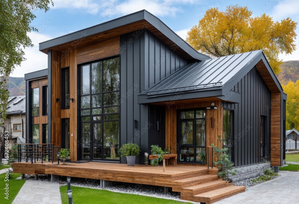 Blackish House sideA、sideB Modern Black House with Large Windows