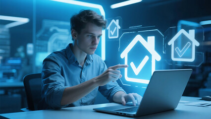Man using laptop with house icons and checkmarks in a futuristic blue lit office environment