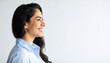 © Hyejin Kang - Side view of a Middle Eastern woman smiling brightly against a white isolated background.