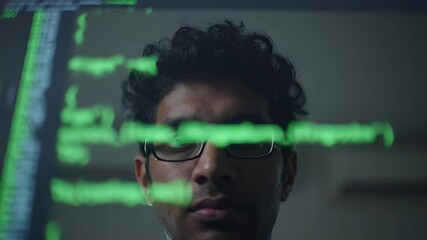Person viewing computer code on screen display coding and programming