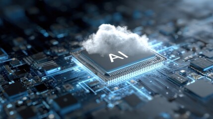 Wall Mural - an abstract representation of an ai chip surrounded by a digital cloud emphasizing data flow and con