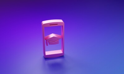 Wall Mural - pink graduation cap on screen smartphone icon isolated on purple-blue background. online learning or