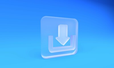 Wall Mural - frosted glass download icon isolated on blue background. upload button. load symbol. arrow point to 