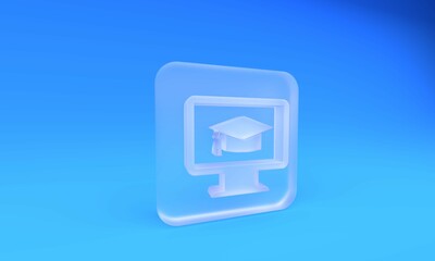Wall Mural - frosted glass computer monitor with graduation cap icon isolated on blue background. online learning