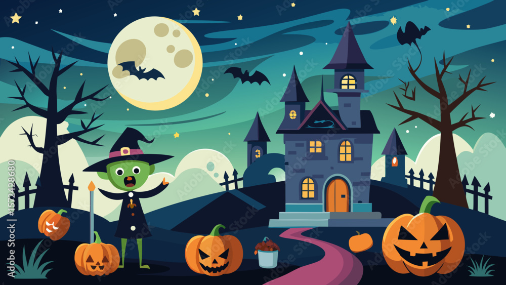 Vector art of a spooky halloween scene featuring a haunted house ...
