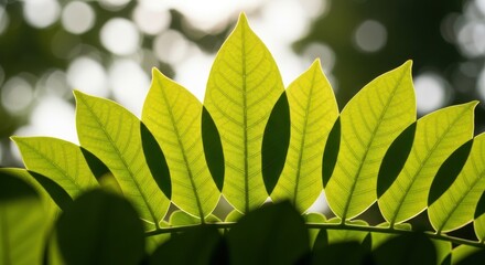 Sunlight filtering through vibrant green leaves, highlighting their intricate veins and textures