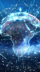 Wall Mural - animation of network of connections and light trails over spinning globe against blue background