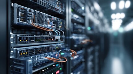 Wall Mural - a detailed image focusing on interconnected server components within a hightech data center showcasi