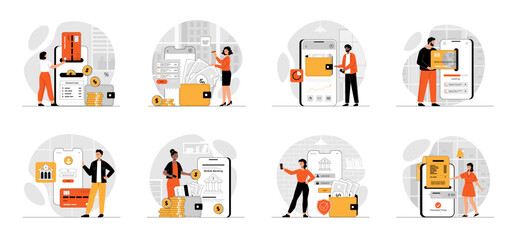 Wall Mural - Bundle of Mobile Banking concepts with people scene in flat cartoon design. Collection work with men and women. People . Vector illustration