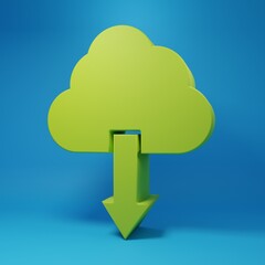 Wall Mural - green cloud download icon isolated on blue background. minimalism concept. 3d render illustration