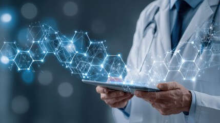 Wall Mural - a dedicated medical expert in a lab coat holds a tablet displaying realtime health metrics enveloped