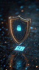 Wall Mural - engaging 3d animation depicting a cybersecurity shield and lock icon radiating light from a microchi