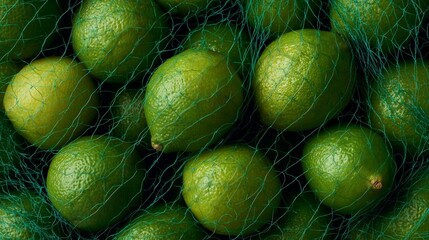 macro front view of packed green limes behind turquoise mesh in full frame