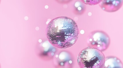 Wall Mural - Glittering Spheres: A captivating dance of light and reflection unfolds as a cluster of dazzling disco balls float weightlessly against a vibrant pink backdrop.