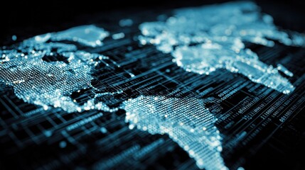 Wall Mural - a dynamic graphic displaying a 3d world map overlaid with digital circuits and binary code emphasizi