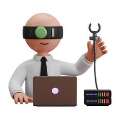 Cartoon programmer with V R headset and laptop isolated on a transparent background