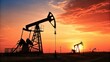 © MDSHAFIQ - Silhouette of oil pump jacks operating under a vibrant sunset sky with dramatic clouds and warm hues illuminating the horizon