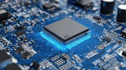 Wall Mural - detailed image showcasing a blue ai microchip on a circuit board emphasizing the sophistication of m