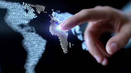 Wall Mural - a finger touches a glowing digital world map, symbolizing global connection, technology, or internat