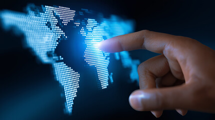 Wall Mural - a finger touches a glowing digital world map, symbolizing global connection, technology, or internat