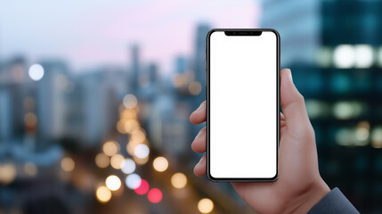 Wall Mural - a hand holds a modern smartphone with a blank white screen against a blurred city background at dusk