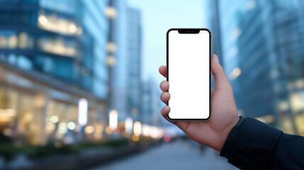 Wall Mural - a hand holds a modern smartphone with a blank white screen against a blurred city background at dusk
