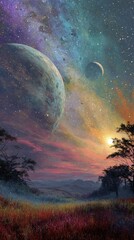 Wall Mural - captivating interstellar scene portraying a dynamic galaxy filled with vibrant hues where a brillian