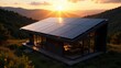 © Айман Дайрабаева - modern eco-friendly house with solar panels on roof at sunset in mountainous region, promoting sustainable living