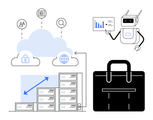 Wall Mural - cloud connection with data servers, automation robot holding analytics chart, and business bag. idea