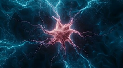 Wall Mural - The image contains an abstract depiction of energy or neural networks, featuring a central, pinkish-red mass radiating teal tendrils against a dark blue background.