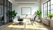 © jarin - Modern office, natural light, plants, minimalist decor, remote meeting, virtual meeting